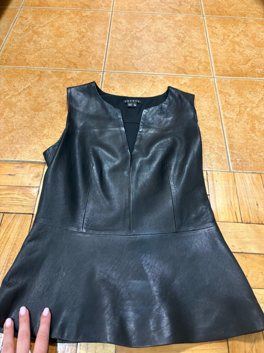 Theory Black Leather Peplum Sleeveless Top